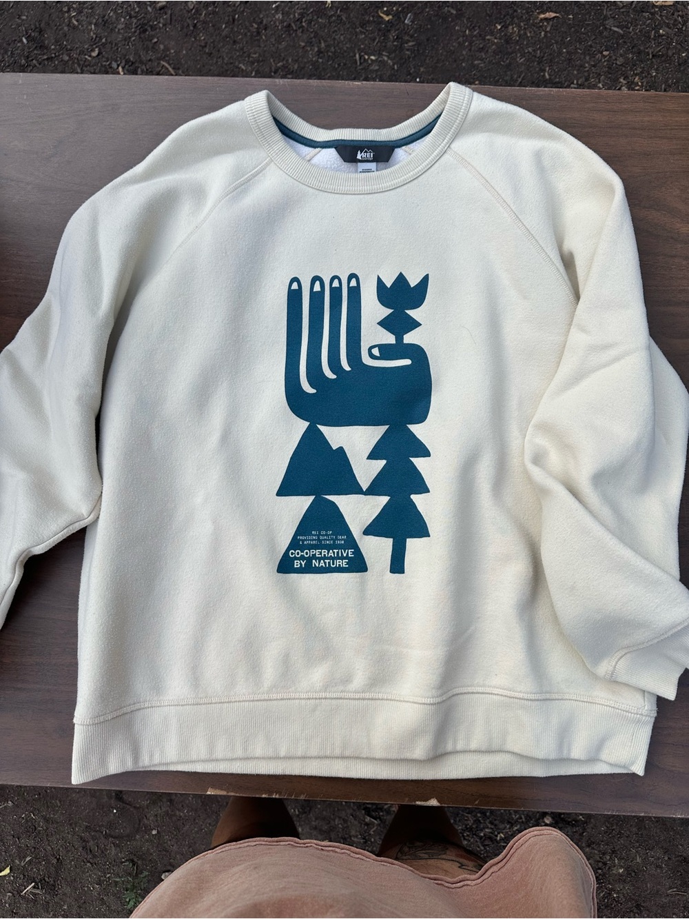 REI Cream Crewneck Sweatshirt with Teal Nature Graphic